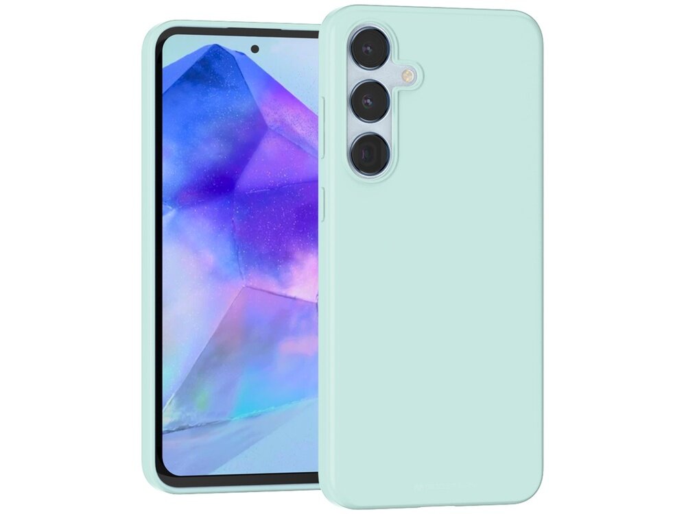 Miętowe etui na telefon z trzema wycięciami na aparaty fotograficzne. Obok widoczny jest ekran telefonu z kolorową grafiką.