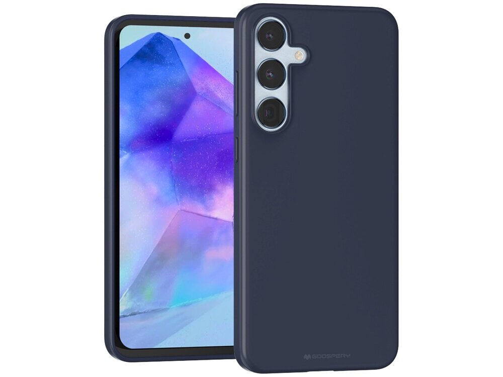 Na obrazie widoczny jest telefon w niebieskim etui z trzema aparatami z tyłu. Na etui znajduje się logo \'MERCURY\'.