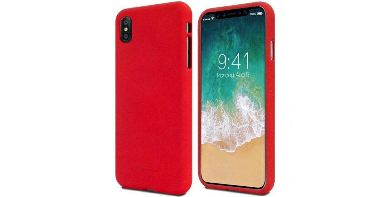 Obraz przedstawia czerwony etui na smartfon, z widocznym ekranem telefonu wyświetlającym godzinę 9:41 i datę Monday, Aug 5. Etui ma wycięcia na aparat i przyciski boczne.