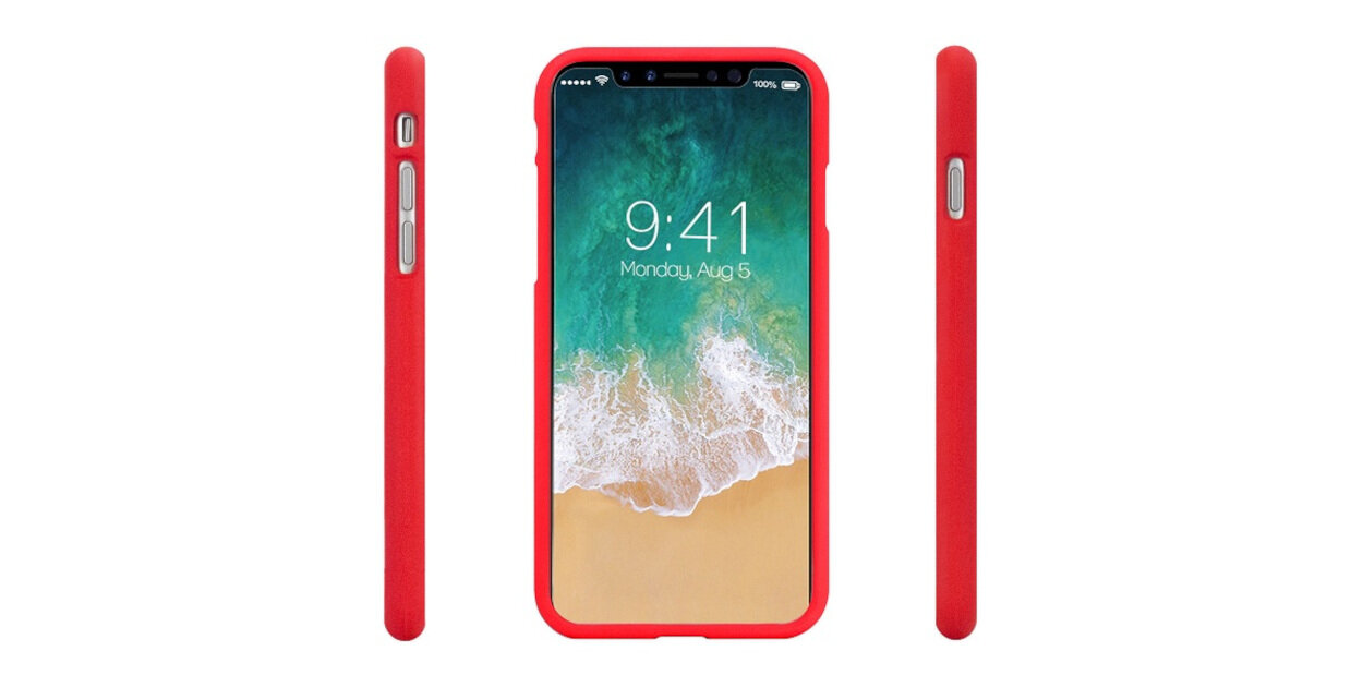 Obraz przedstawia czerwony etui na smartfon z widocznym ekranem, na którym wyświetlana jest godzina 9:41 i data Monday, Aug 5. Etui ma wycięcia na przyciski boczne i aparat.