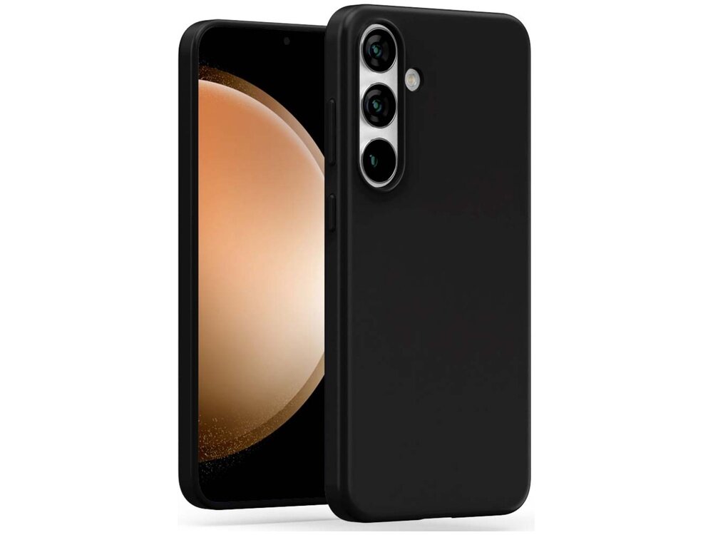 Czarne etui na telefon z trzema otworami na aparaty fotograficzne. Obok widoczny jest telefon z wyświetlaczem pokazującym abstrakcyjny wzór w odcieniach brązu.