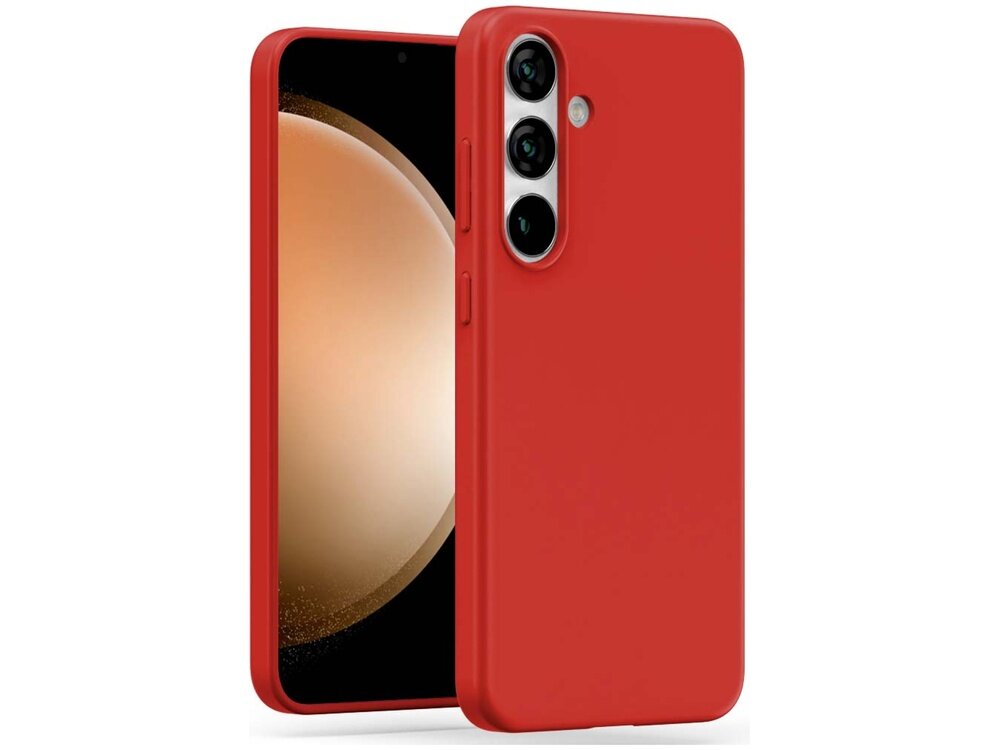 Czerwone etui na telefon z trzema wycięciami na aparaty fotograficzne, dopasowane do modelu Samsung Galaxy S23 FE. Telefon w etui jest widoczny z przodu i z tyłu, z ekranem wyświetlającym abstrakcyjny wzór.