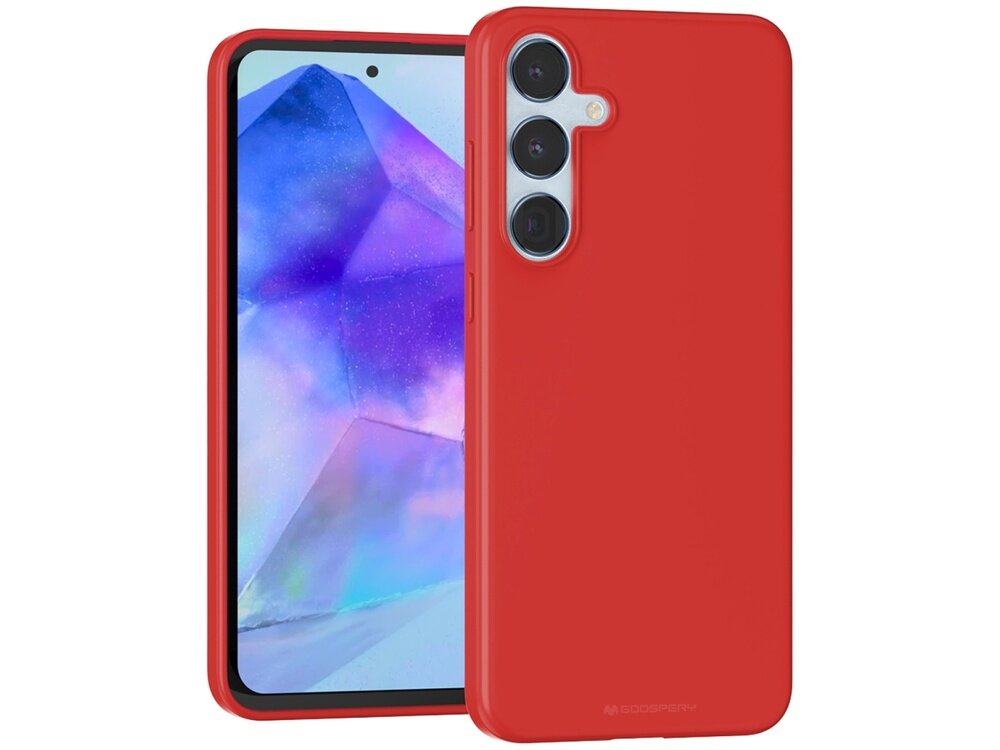 Czerwone etui na telefon z trzema wycięciami na aparaty fotograficzne. Na etui widoczne jest logo \'MERCURY\'.