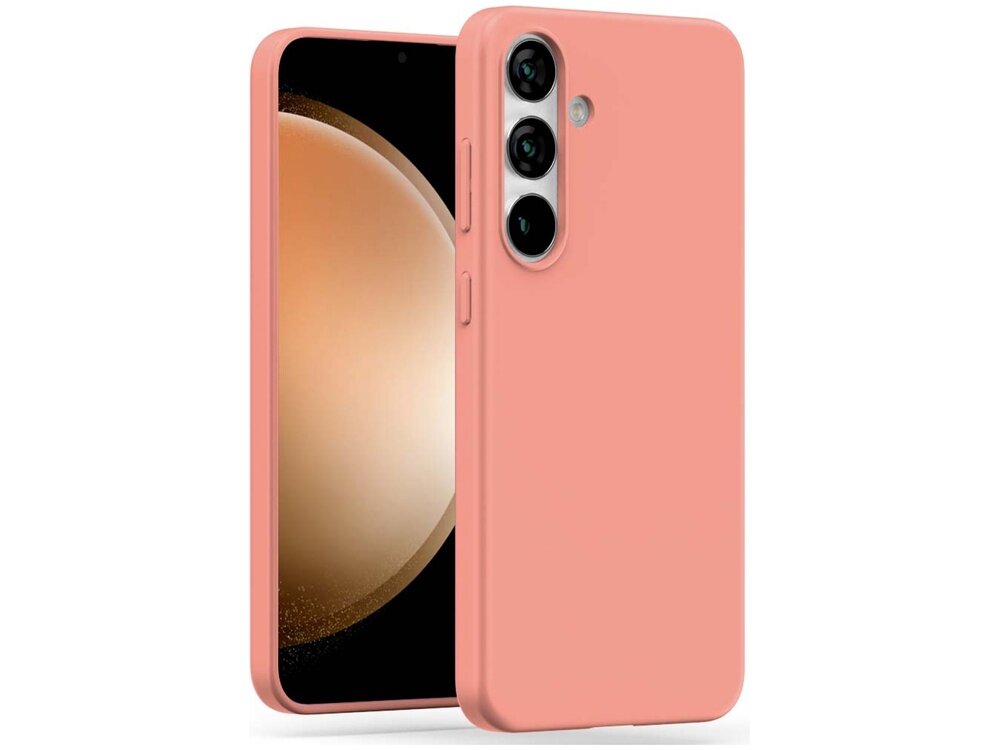 Jasnoróżowe etui na telefon z trzema otworami na aparaty fotograficzne i przyciskiem bocznym. Obok etui widoczny jest telefon z wyświetlaczem pokazującym abstrakcyjny wzór.