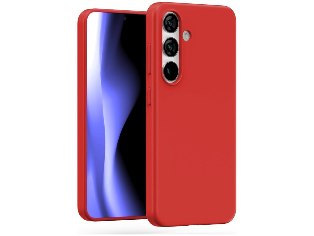 Czerwone etui na telefon z trzema otworami na aparaty i przyciskiem bocznym. Telefon w etui ma wyświetlacz z niebiesko-białym gradientem.