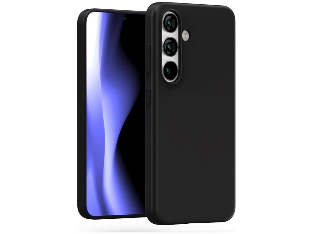 Czarne etui na smartfon z trzema otworami na aparaty i jednym na lampę błyskową. Obok etui widoczny jest smartfon z wyświetlaczem pokazującym abstrakcyjny, niebiesko-biały wzór.