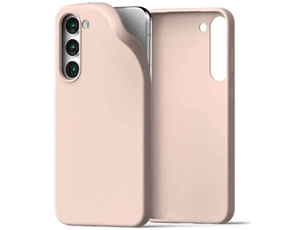 Etui w kolorze różowo-piaskowym, przeznaczone do telefonu z trzema obiektywami aparatu. Widoczne są dwa etui, jedno z przodu, drugie z tyłu, z wycięciami na aparat i przyciski.
