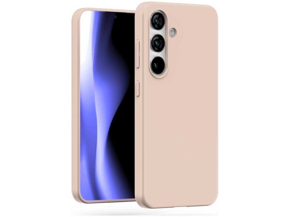 Obraz przedstawia różowo-piaskowe etui na telefon z trzema widocznymi otworami na aparaty. Telefon w etui ma wyświetlacz z abstrakcyjnym, niebiesko-białym wzorem.