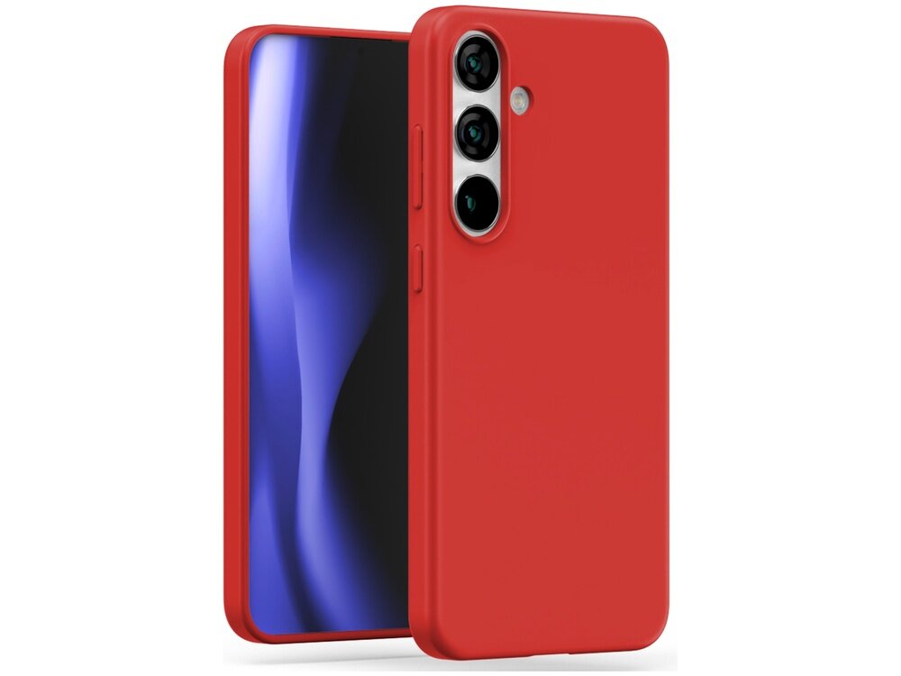 Czerwone etui na telefon z trzema otworami na aparaty i przyciskami bocznymi. Telefon w etui ma wyświetlacz z niebieskim gradientem.