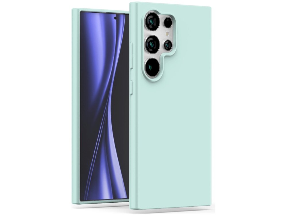 Miętowe etui na telefon z wycięciem na aparat, pokazane na modelu telefonu z widocznym ekranem i trzema obiektywami aparatu.