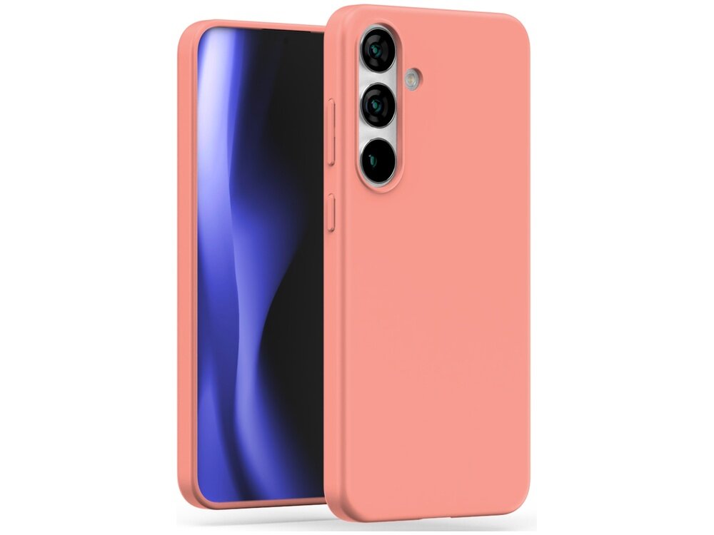 Jasnoróżowe etui na telefon z trzema otworami na aparaty fotograficzne. Telefon w etui ma wyświetlacz z niebieskim gradientem.
