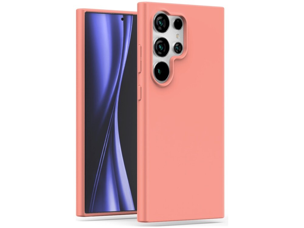 Jasnoróżowe etui na telefon z wycięciem na aparat, przeznaczone dla modelu Samsung Galaxy S24 Ultra. Etui ma gładką powierzchnię i otwory na przyciski boczne.