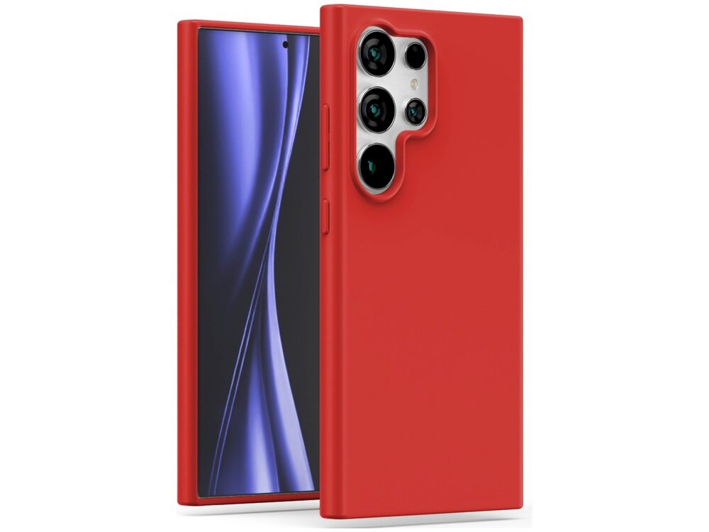 Czerwone etui na telefon z wycięciem na aparat, pokazane z przodu i z tyłu. Telefon w etui ma wyświetlacz z niebieskim wzorem.