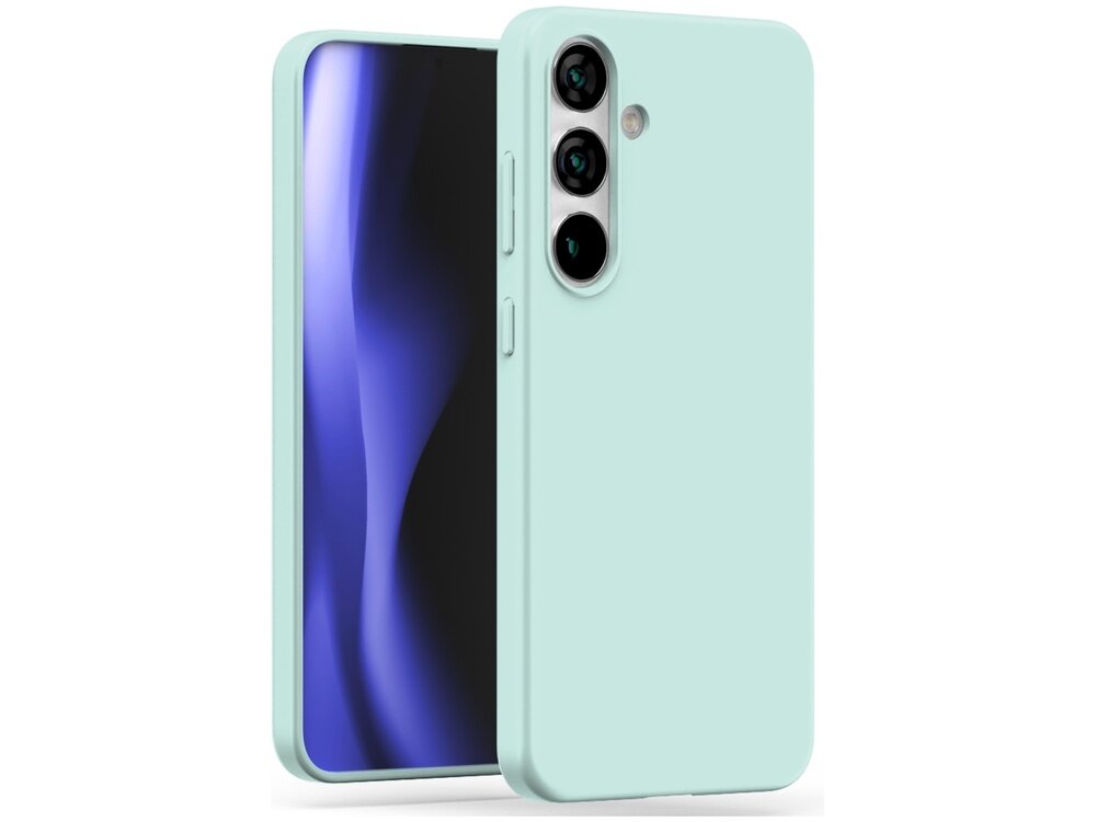 Miętowe etui na telefon z trzema otworami na aparaty i przyciskami bocznymi. Telefon w etui ma wyświetlacz z niebieskim gradientem.