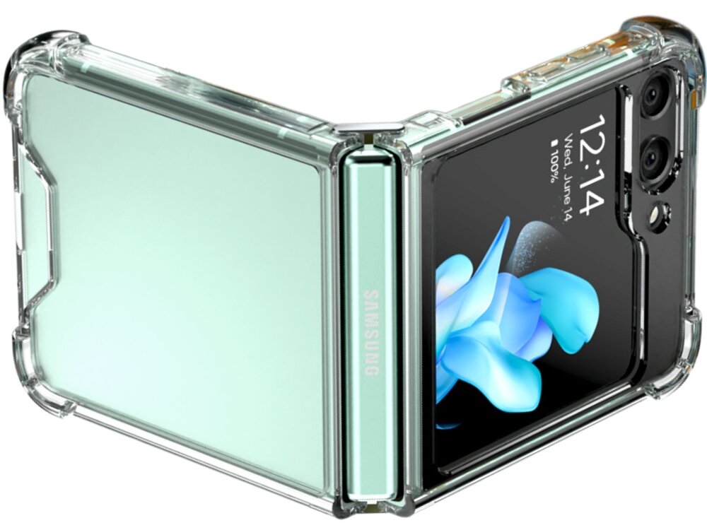 Przezroczyste etui na telefon Samsung Galaxy Z Flip5, które jest złożone. Na ekranie telefonu widoczna jest godzina 12:14 oraz data \'Wed, June 14\'.