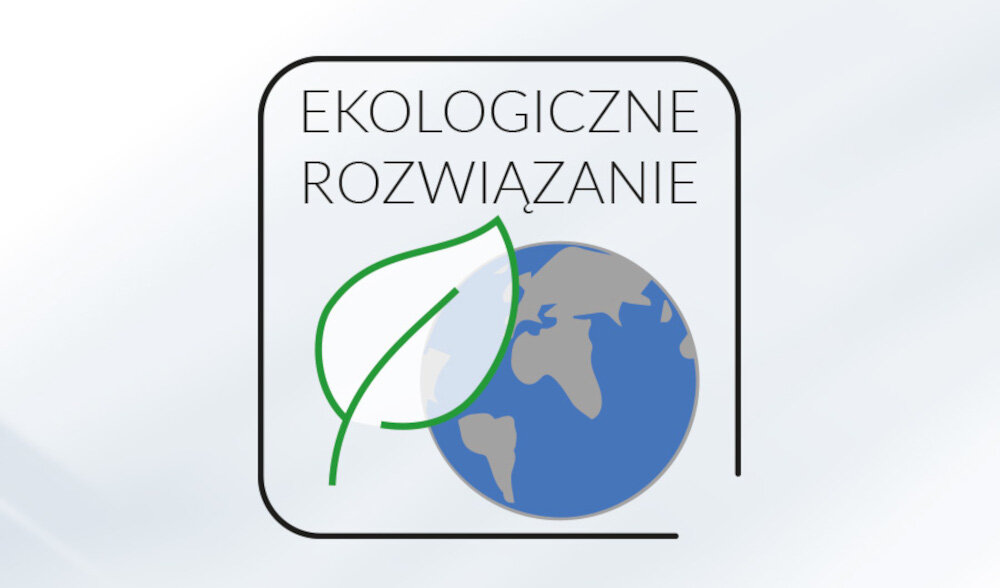 Obraz przedstawia ikonę z napisem \'EKOLOGICZNE ROZWIĄZANIE\', z zielonym liściem i kulą ziemską w tle.