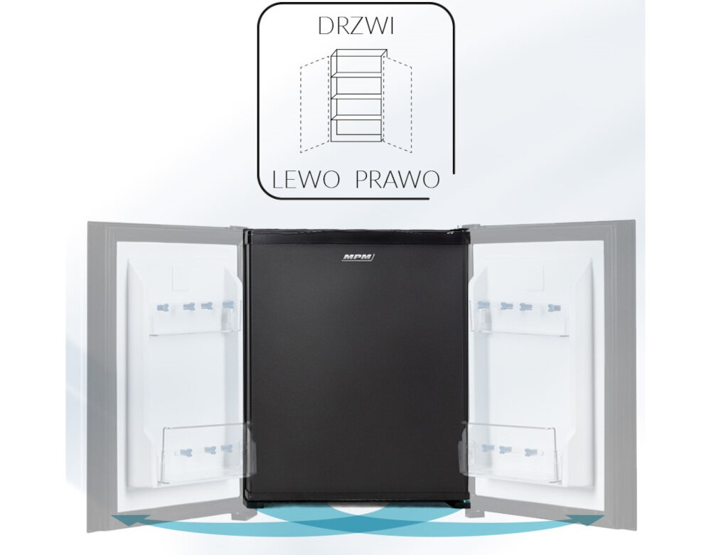 Czarna lodówka z otwartymi drzwiami, na których widoczne są półki. Nad lodówką znajduje się schemat z napisem \'DRZWI LEWO PRAWO\'.
