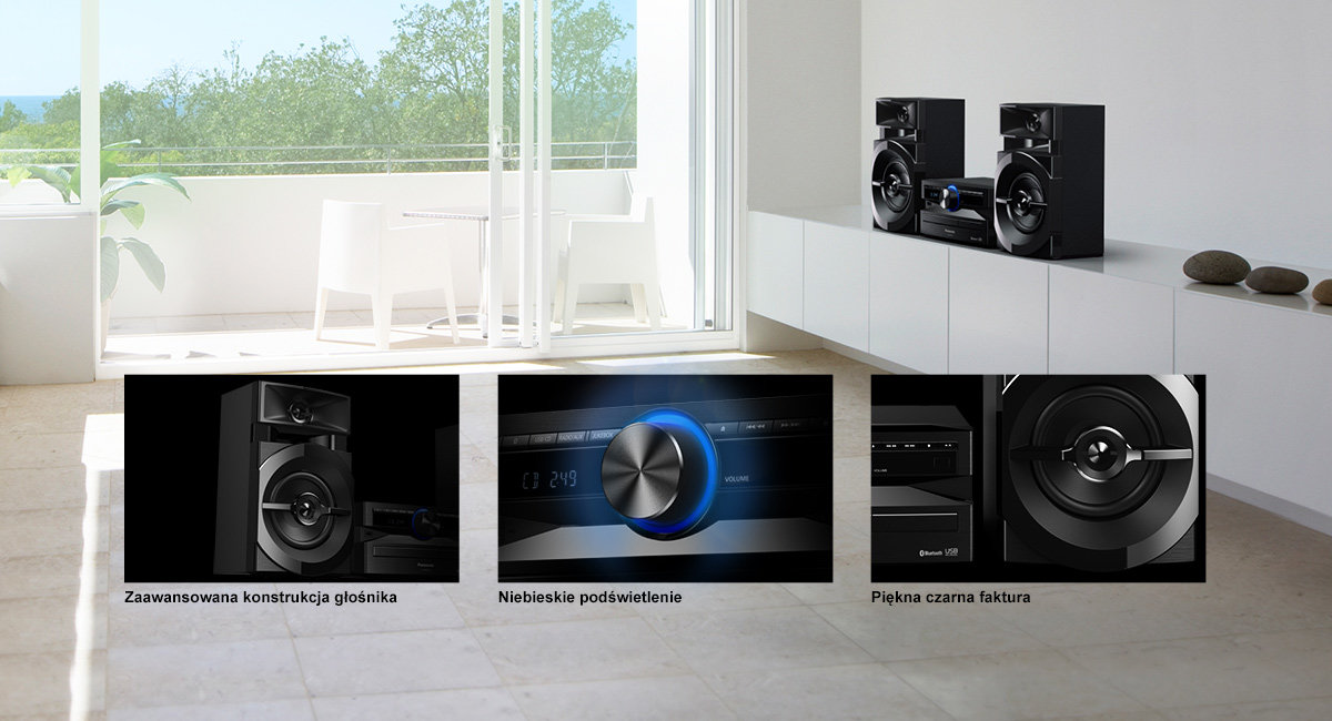 Wieża PANASONIC SC-UX100E-K obudowa szczotkowanie matowe wykończenie niebieskie podświetlenie