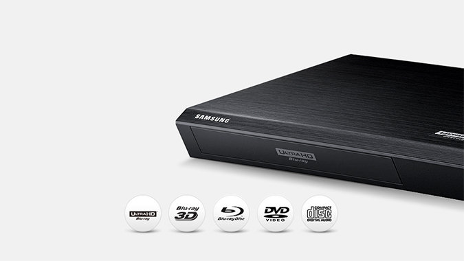 Odtwarzacz UHD Blu-ray K8500, umieszczone pod nim ikony: Ultra HD Blu-ray, Blu-ray 3D, Blu-ray disc, DVD, CD disc.