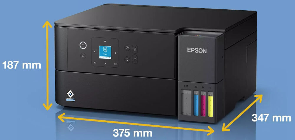 Czarne urządzenie wielofunkcyjne z wyświetlaczem i przyciskami na panelu przednim, oznaczone logo EPSON. Wymiary urządzenia to 187 mm wysokości, 375 mm szerokości i 347 mm głębokości.