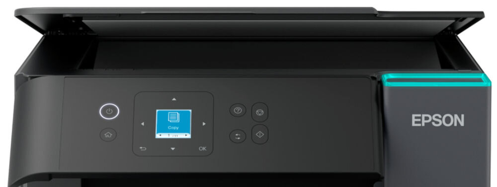 Czarny panel sterowania urządzenia wielofunkcyjnego z wyświetlaczem pokazującym ikonę kopiowania. Obok znajduje się logo \'EPSON\'.