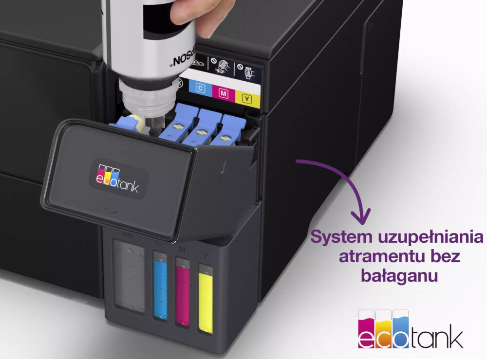 Osoba napełnia pojemnik z atramentem w urządzeniu wielofunkcyjnym z systemem EcoTank. Obok widoczny jest napis: \'System uzupełniania atramentu bez bałaganu\'.