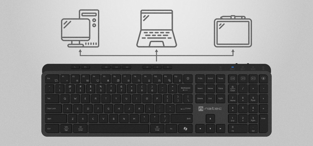 Na obrazie widoczna jest czarna klawiatura z logo natec, a nad nią ikony przedstawiające komputer stacjonarny, laptop i walizkę, połączone strzałkami.