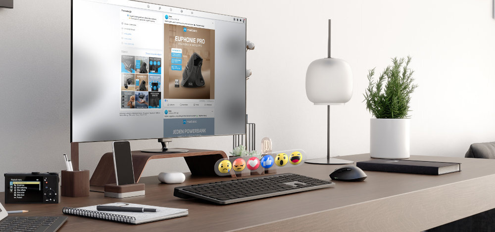 Na biurku znajduje się klawiatura, myszka, monitor z wyświetloną stroną internetową oraz kilka ozdobnych figurek. Obok monitora stoi lampa i doniczka z rośliną.