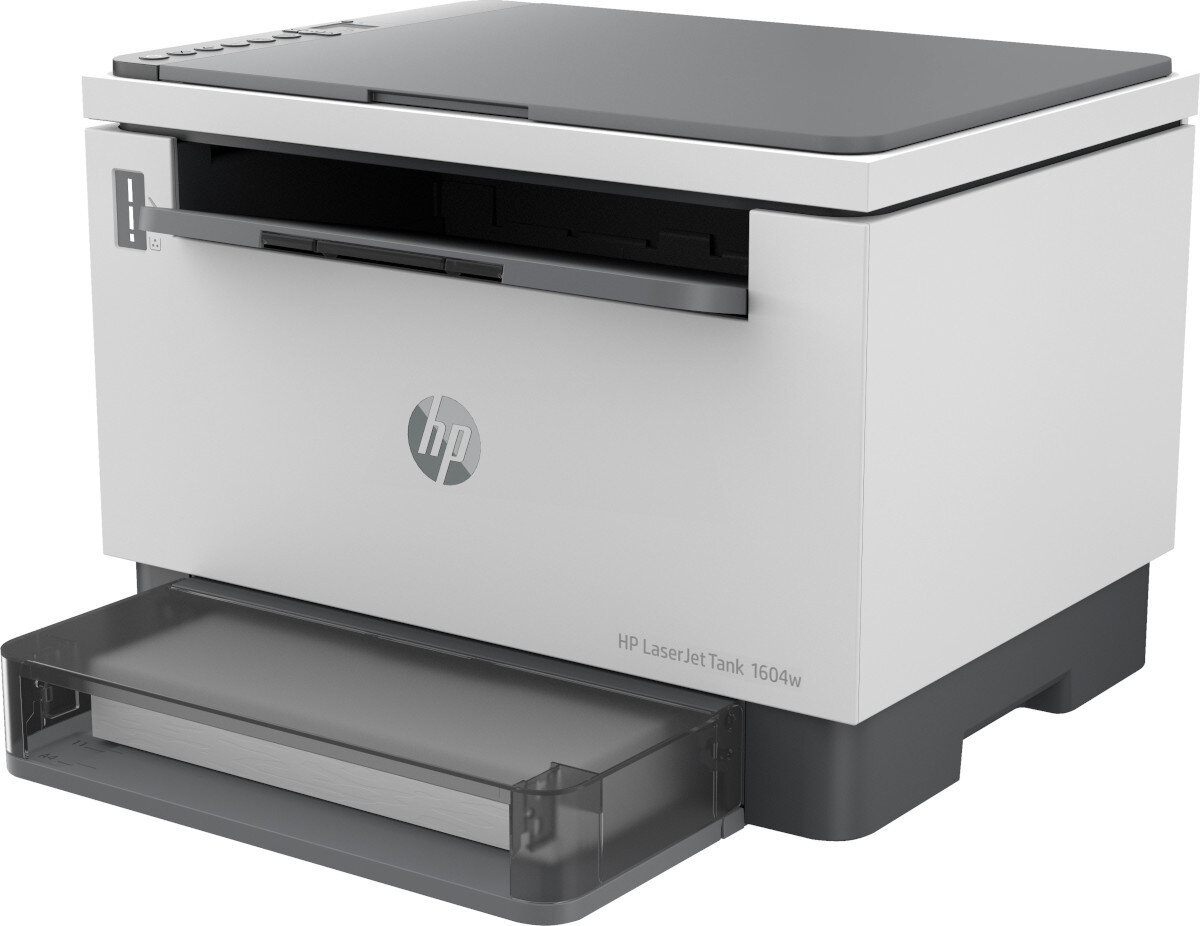 Na obrazie widoczne jest urządzenie wielofunkcyjne w kolorze białym z szarymi elementami, z logo HP na przednim panelu. Na urządzeniu znajduje się napis \'HP LaserJet Tank 1604w\'.