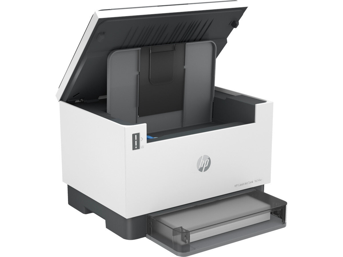 Urządzenie wielofunkcyjne w kolorze białym z otwartą pokrywą, widoczne logo HP na przedniej części. Posiada wysuwaną szufladę na papier oraz panel kontrolny z przyciskami.