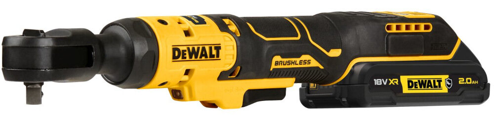 Na zdjęciu widoczny jest żółto-czarny klucz pneumatyczny z logo DEWALT oraz napisami \'BRUSHLESS\', \'18V XR\', \'2.0 AH\'.