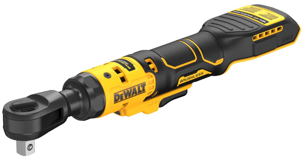 Na obrazie widoczny jest żółto-czarny klucz pneumatyczny z logo DEWALT i napisem BRUSHLESS. Urządzenie ma ergonomiczny kształt z wyraźnymi elementami konstrukcyjnymi.
