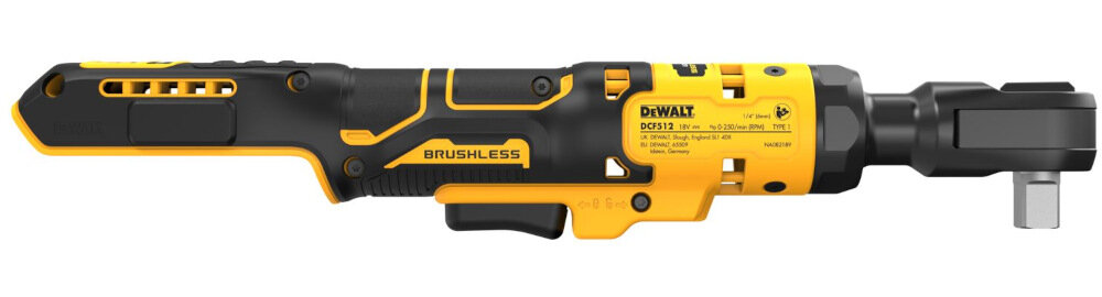 Na obrazie widoczny jest klucz pneumatyczny w kolorach czarnym i żółtym z napisem \'BRUSHLESS\'. Na urządzeniu znajduje się etykieta z tekstem: \'DEWALT DCF512N-XJ\'.