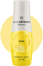 Butelka z napisem \'sodastream classics tonic\' na tle żółtego koła. Na dole widnieje napis \'KONCENTRAT NAPOJU aż do 9L\'.