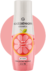 Butelka z białą zakrętką i etykietą przedstawiającą różowy grejpfrut oraz napis \'sodastream classics pink grapefruit flavour\'.