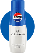 Butelka z niebieską nakrętką i logo Pepsi na górze, poniżej napis \'sodastream\'.
