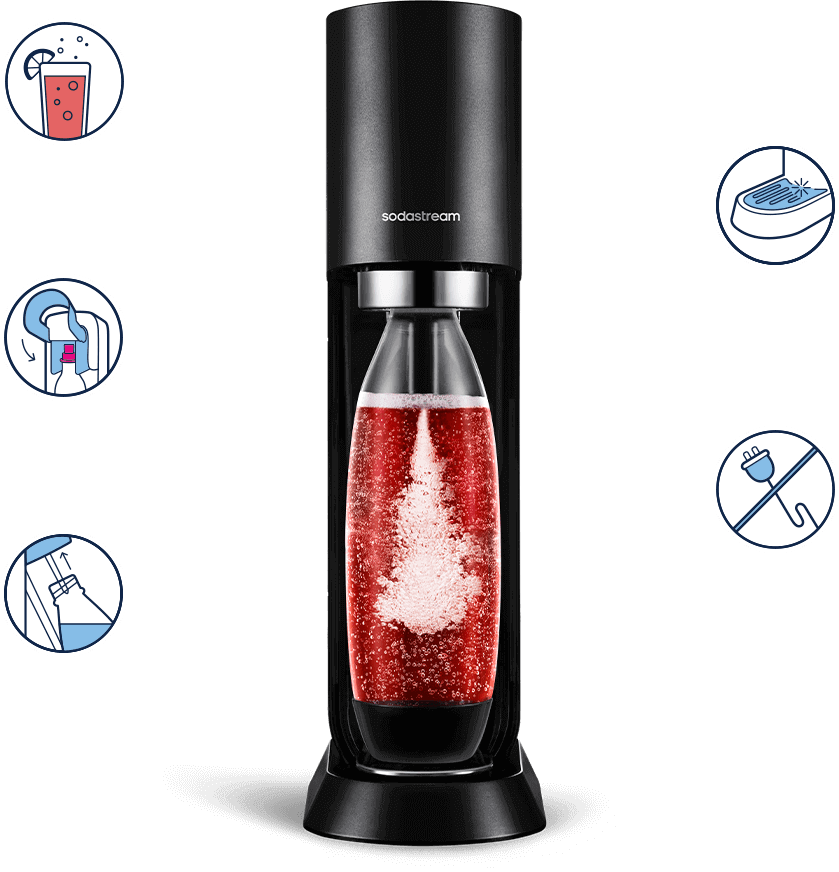 Czarny saturator z logo \'sodastream\' na górze, z przezroczystą butelką wypełnioną czerwonym napojem gazowanym. Wokół urządzenia znajdują się ikony przedstawiające różne funkcje i zastosowania.