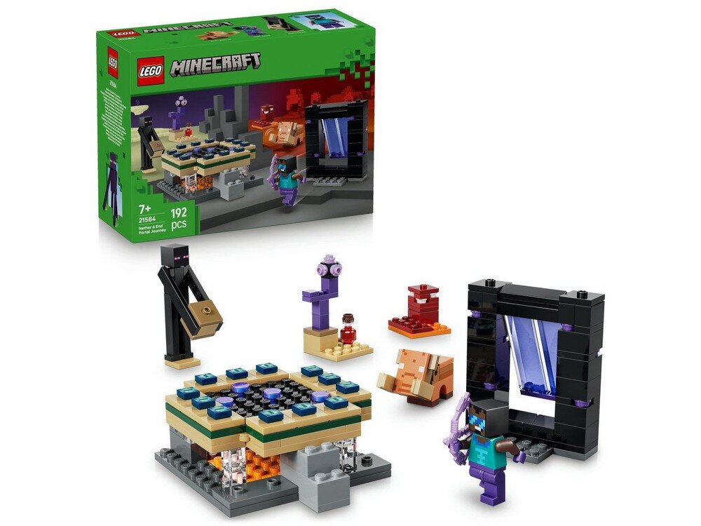 Zestaw LEGO Minecraft zawiera różne elementy konstrukcyjne, w tym portal, postacie i akcesoria. Na opakowaniu widnieje logo LEGO i napis \'MINECRAFT\'.