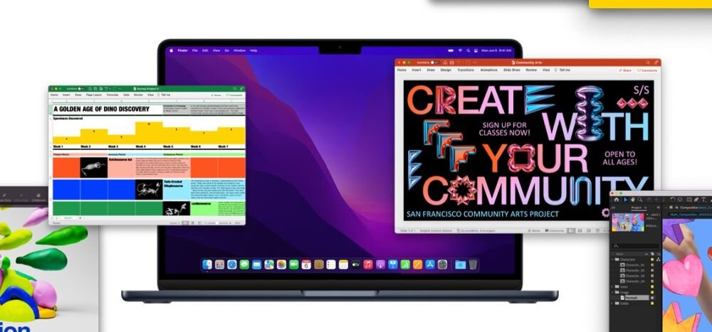 Na obrazie widoczny jest laptop z kilkoma otwartymi oknami aplikacji na ekranie. W jednym z okien widnieje tekst: \'CREATE WITH YOUR COMMUNITY\'.