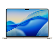 Laptop z wyświetlaczem o cienkich ramkach, na ekranie widoczna jest abstrakcyjna grafika z niebieskimi i żółtymi falami. Na obudowie znajduje się logo producenta: APPLE.