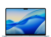 Laptop z wyświetlaczem o cienkich ramkach, prezentujący abstrakcyjną grafikę z niebieskimi i żółtymi odcieniami. Obudowa urządzenia jest w kolorze srebrnym.