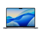 Laptop z wyświetlaczem pokazującym abstrakcyjną grafikę w odcieniach niebieskiego i białego. Obudowa jest w ciemnym kolorze, a ekran ma cienkie ramki.