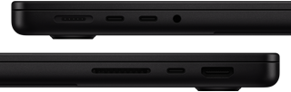 Obraz przedstawia dwa widoki boczne laptopa w kolorze czarnym, z widocznymi portami USB-C, gniazdem słuchawkowym oraz innymi złączami. Na dolnym widoku widać dodatkowe złącze HDMI i czytnik kart pamięci.