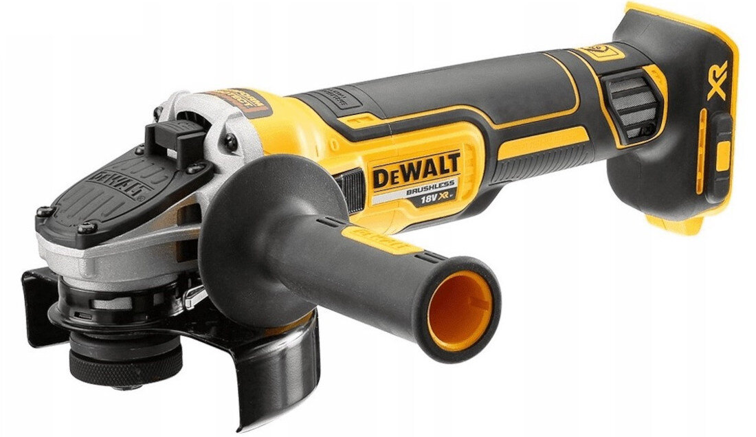 Na obrazie widoczna jest szlifierka kątowa w kolorach żółtym i czarnym z logo DEWALT oraz napisami \'BRUSHLESS 18V XR\'.