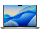 Laptop z wyświetlaczem pokazującym abstrakcyjną grafikę w odcieniach niebieskiego i żółtego. Obudowa jest w ciemnym kolorze, a na górnej ramce ekranu widoczny jest notch.