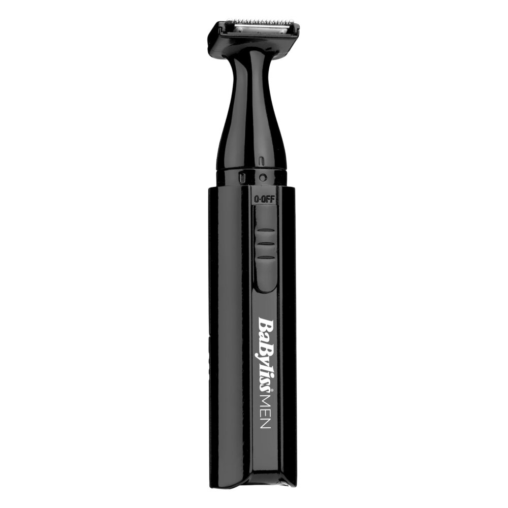 Czarna strzyżarka z logo \'BaByliss MEN\' na obudowie, posiada przycisk włączania z oznaczeniem \'0-OFF\'.