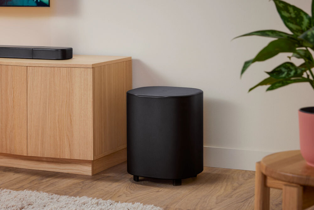 Na zdjęciu znajduje się czarny subwoofer ustawiony obok drewnianej szafki w jasnym pomieszczeniu. Obok subwoofera widoczna jest roślina w doniczce oraz fragment dywanu na podłodze.