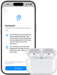 Na obrazie widoczny jest smartfon z wyświetlonym tekstem dotyczącym funkcji \'Hearing Aid\' oraz etui z białymi słuchawkami dokanałowymi. Na ekranie telefonu znajduje się przycisk \'Get Started\'.