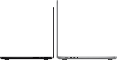 Dwa laptopy ustawione tyłem do siebie, jeden w kolorze czarnym, drugi srebrnym. Widoczne są porty po bokach obudowy.