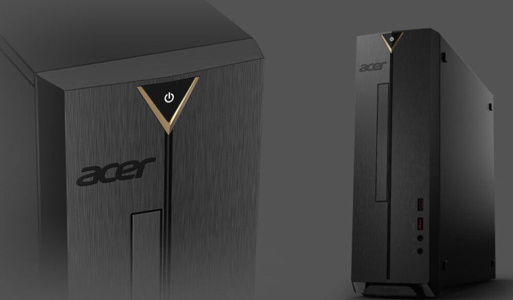 Obraz przedstawia czarną obudowę komputera stacjonarnego z logo \'acer\' oraz przyciskiem zasilania w kształcie trójkąta. Na obudowie widoczne są porty USB i audio.